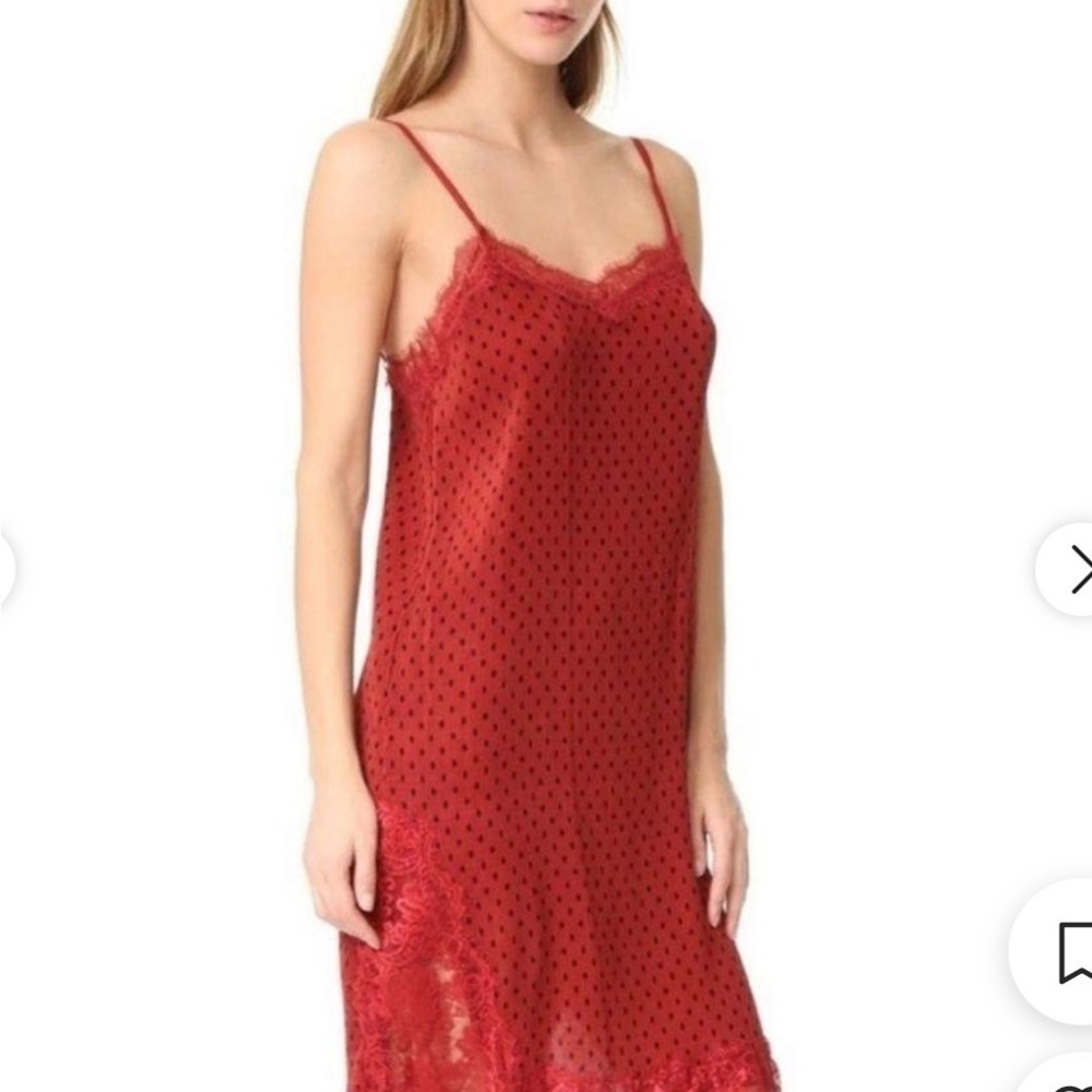 Free People Pleated Red Midi Dress w/ Lace Trim and Black Polka Dots Romantic